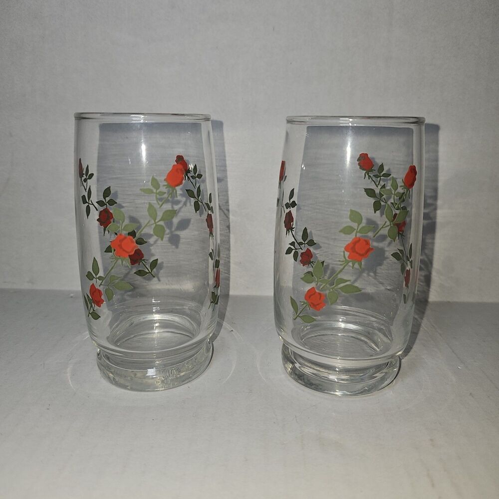 1970's Anchor Hocking Red Roses Vines Drinking Glasses 5-1/4" Vintage Set Of 2